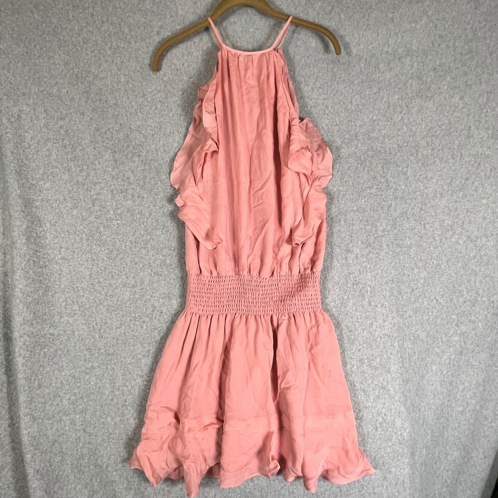 Parker New York M Pink Silk Halter Mini Dress Smocked‎ Waist Ruffle Resortwear - Picture 6 of 10